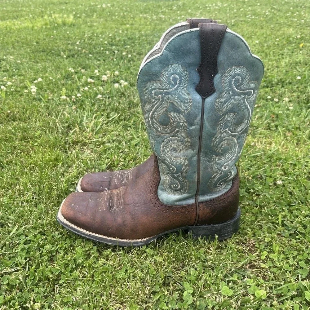 Ariat Quickdraw Western Cowboy Boots Women's 9B Brown Turquoise Square Toe - Picture 4 of 12